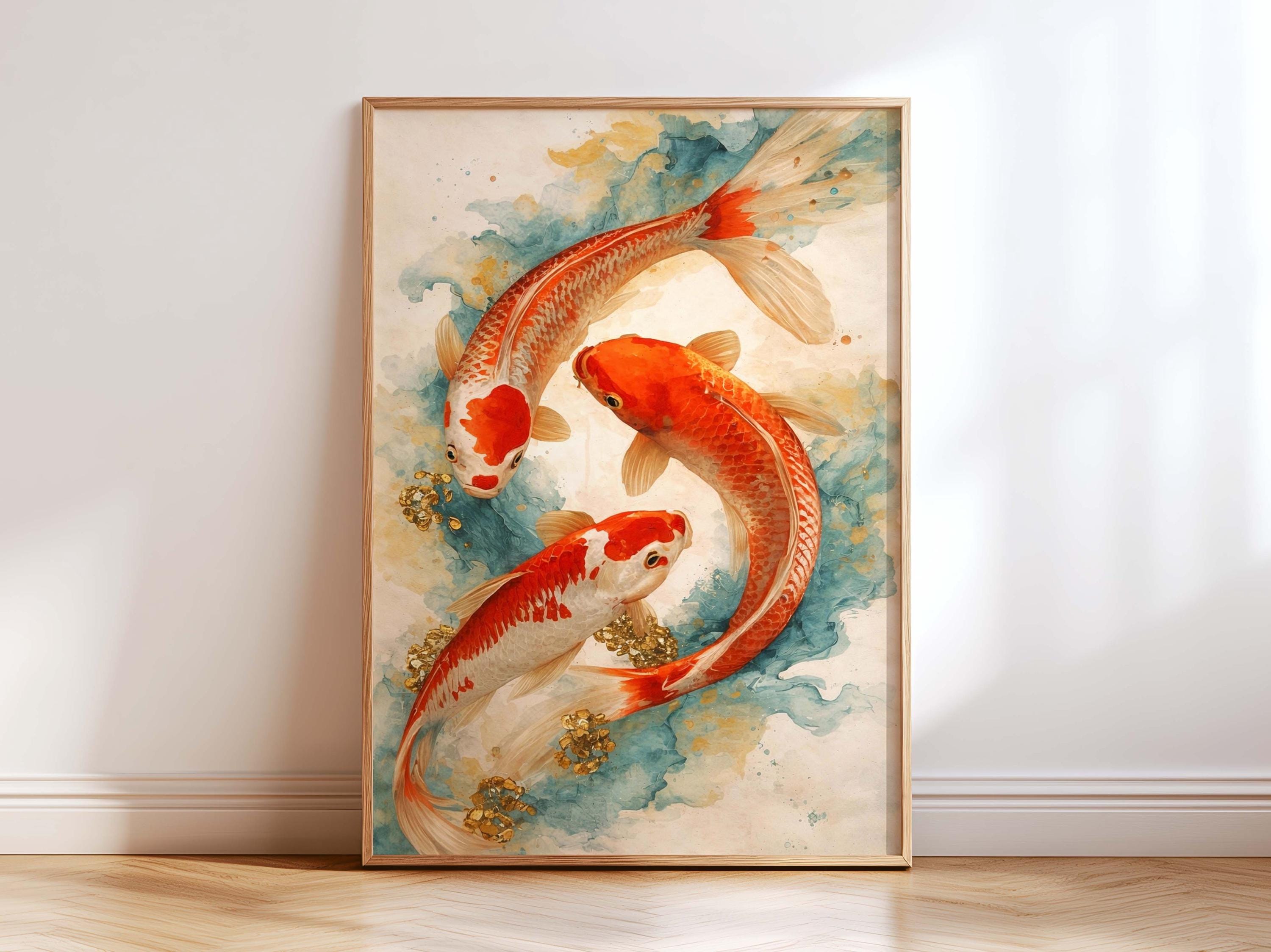 Japanese Koi Fish Wall Art Print, Red Koi Canvas, Zen Watercolor Fish ...