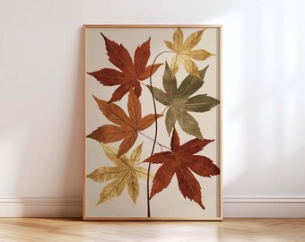 Botanical Maple Leaf Wall Art, Vintage Autumn Leaves Print, Japandi Earth Tone Wall Decor, Natural Minimalist Art