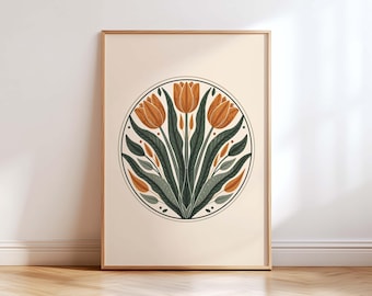 Scandinavian Folk Tulip Wall Art Print, Vintage Botanical Floral Circle, Nordic Minimalist Flower Poster, Neutral Boho Decor