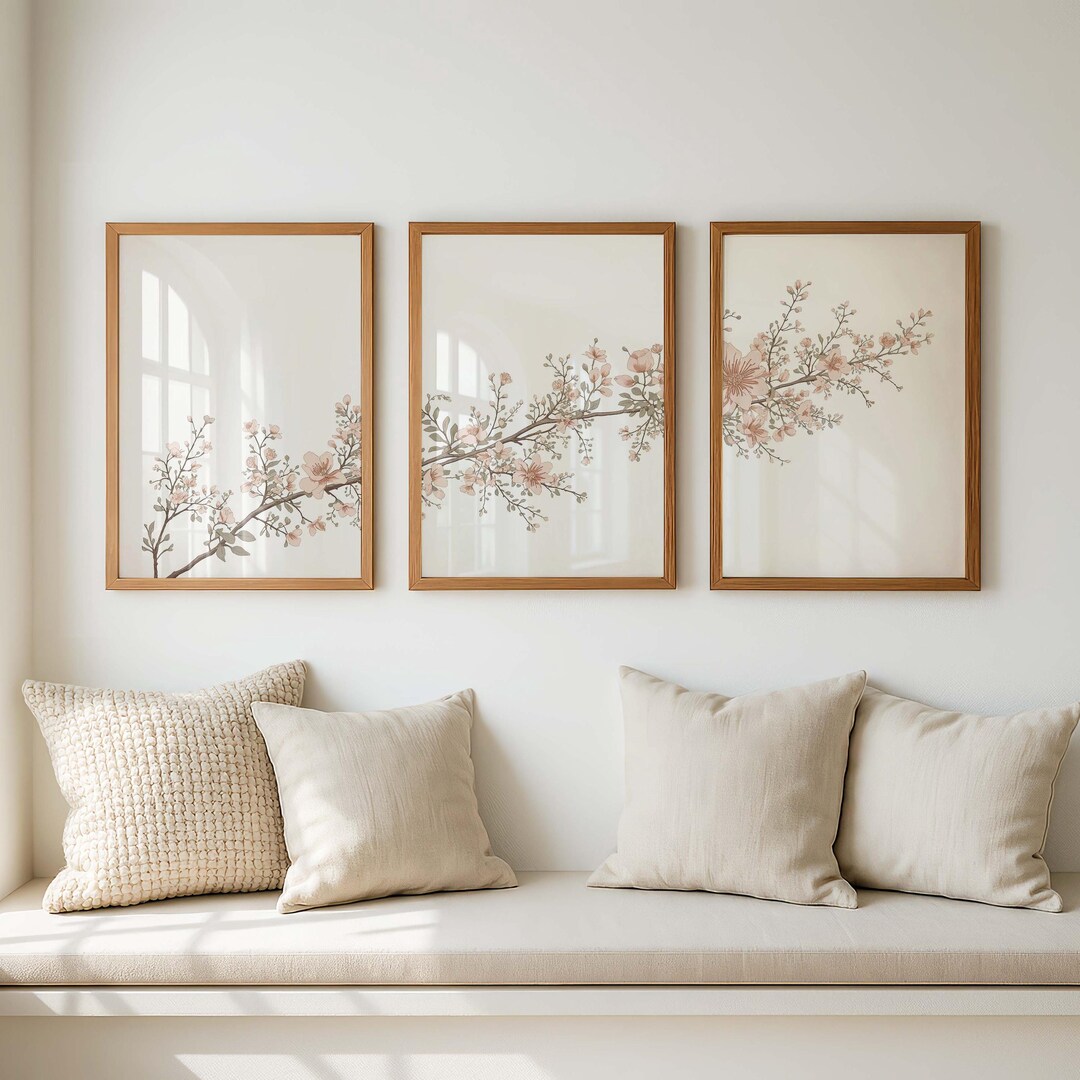 Cherry Blossom Triptych Wall Art Set of 3, Japandi Minimalist Floral ...