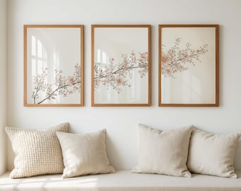 Cherry Blossom Triptych Wall Art Set of 3, Japandi Minimalist Floral Print, Neutral Sakura Branch, Modern Living Room Decor