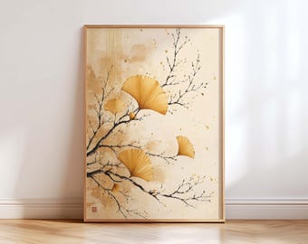 Lámina decorativa de hoja de ginkgo japonés para pared, póster botánico neutro, decoración zen vintage, obra de arte minimalista de la naturaleza en tonos beige, decoración para el hogar estilo wabi-sabi.