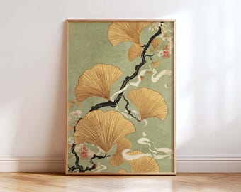 Traditional Japanese Ginkgo Leaf Wall Art Print Ukiyoe Botanical Poster Asian Zen Nature Decor Vintage Japanese Art for Modern Home Interior