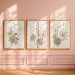 Neutral Botanical Wall Art Set of 3, Minimalist Beige Plant Prints ...