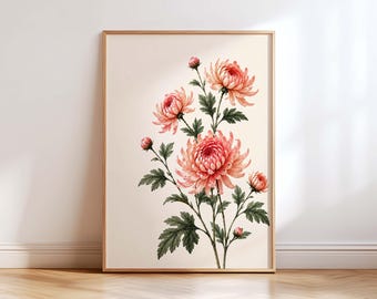 Japanese Chrysanthemum Wall Art Print, Botanical Flower Poster, Japandi Decor, Vintage Japanese Floral Art, Asian Wall Decor