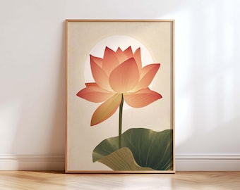 Lotus Flower Wall Art Print, Minimalist Botanical Poster, Zen Neutral Living Room Decor, Japandi Aesthetic Spiritual Artwork