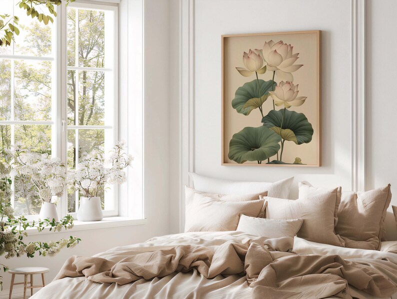 Vintage Lotus Flower Wall Art Print | Botanical Lotus Illustration ...
