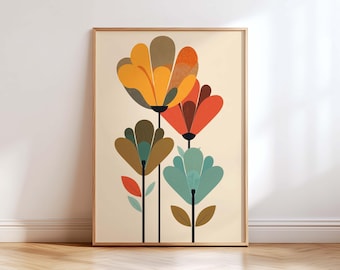 Mid Century Modern Floral Wall Art Print, Retro Scandinavian Flower Poster, Boho Abstract Botanical Decor, Minimalist Living Room Art