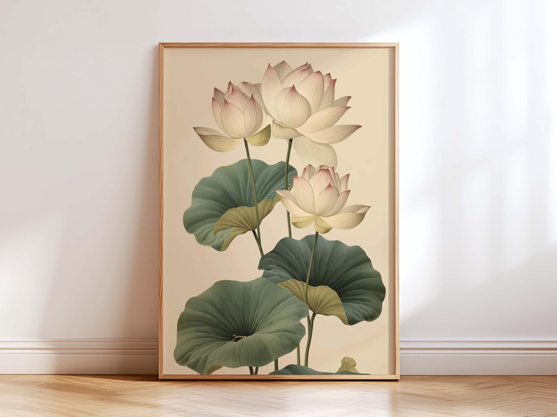 Vintage Lotus Flower Wall Art Print | Botanical Lotus Illustration ...