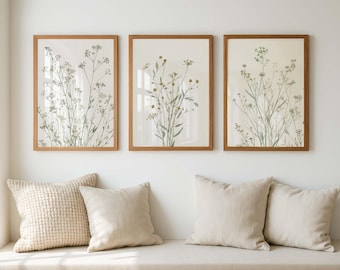 Minimalist Botanical Wall Art Set of 3, Neutral Flower Prints, Dried Floral Gallery Wall Decor, Scandinavian Home Decor, Beige Botanical Art