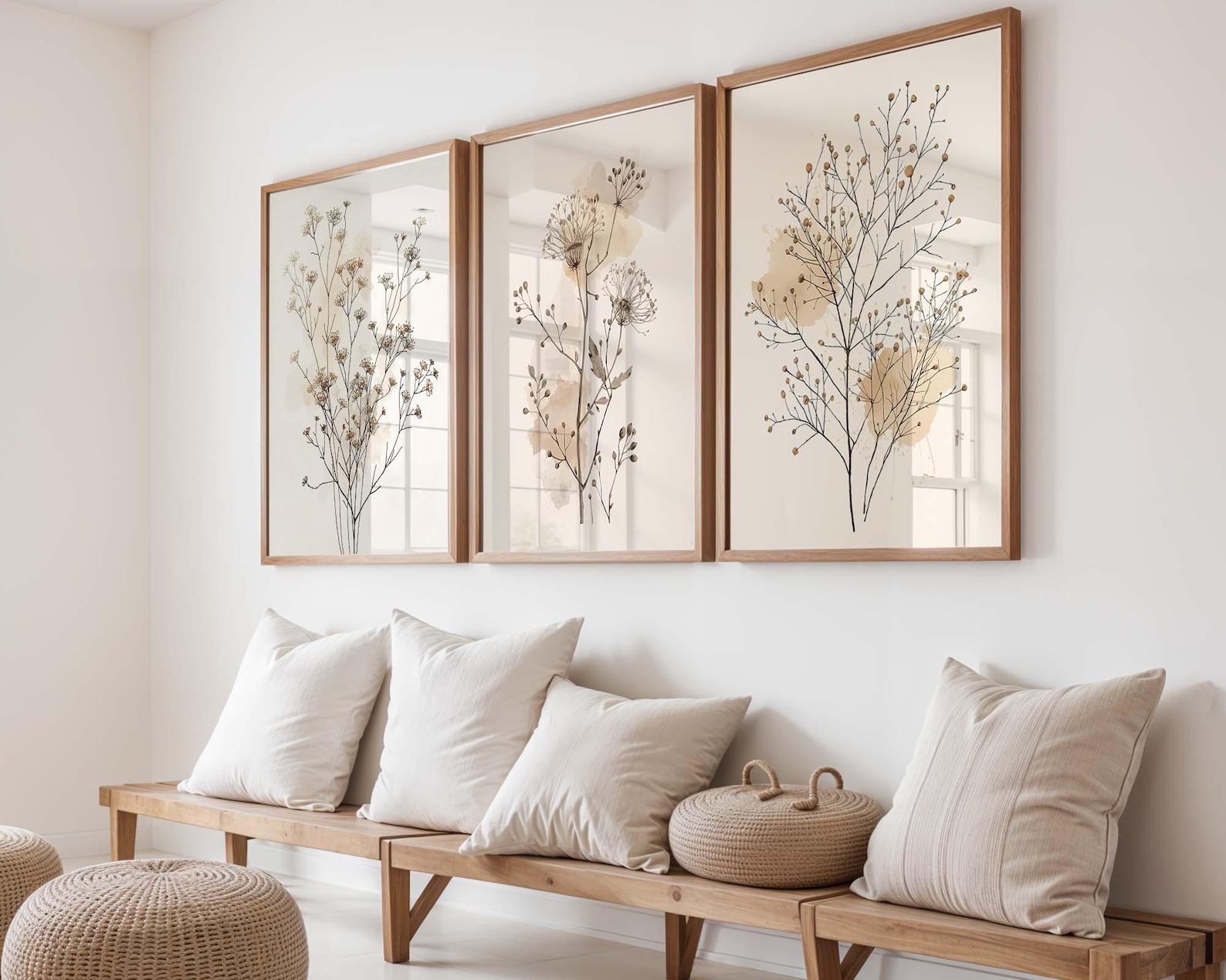 Botanical Wall Art Set of 3, Neutral Floral Print, Minimalist Beige ...