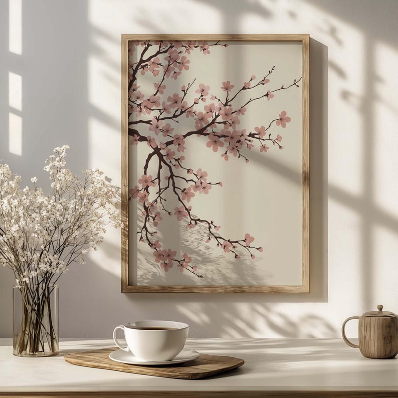 Sakura Cherry Blossom Wall Art Print, Minimalist Japanese Floral Branch ...