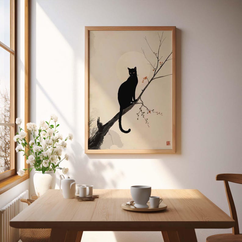 Minimalist Black Cat Wall Art Print, Japanese Ink Art, Zen Home Decor ...