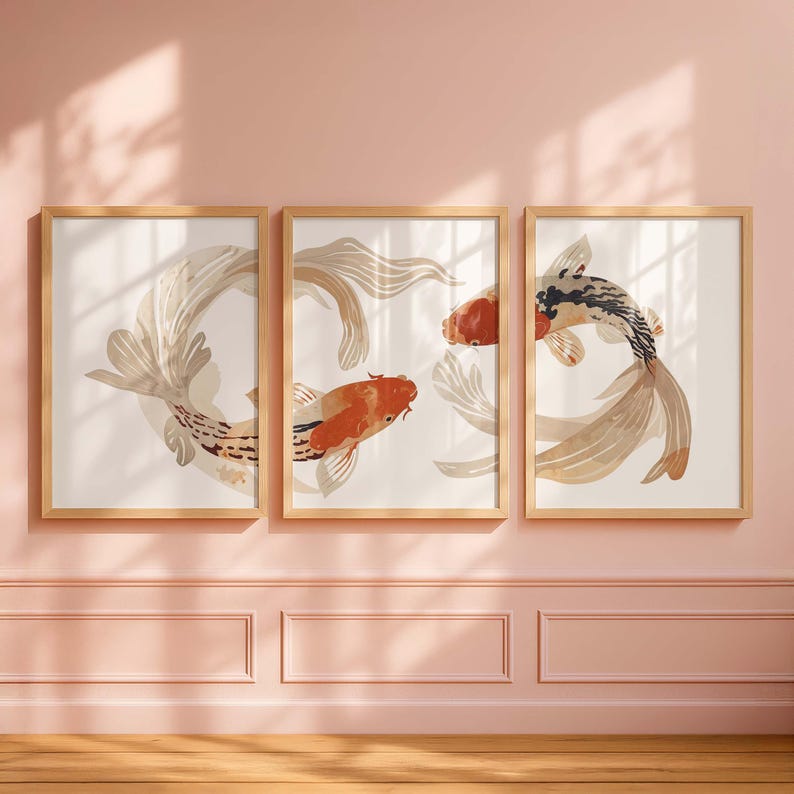 Koi Fish Triptych Wall Art, Japanese Minimalist Print Set of 3, Neutral ...