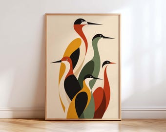 Abstract Bird Wall Art Print, Colorful Heron Art, Mid Century Modern Poster, Scandinavian Bird Decor, Modern Nature Wall Art
