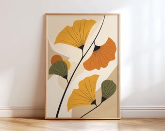Lámina de arte mural con hojas de ginkgo de mediados de siglo, póster botánico abstracto neutro, decoración minimalista escandinava en tonos naranja mostaza y verde.