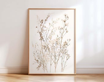 Neutral Botanical Wall Art, Beige Wildflower Print, Japandi Minimalist Decor, Scandinavian Botanical Poster