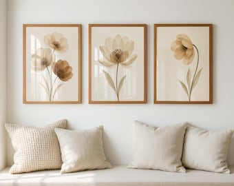 Neutral Botanical Wall Art Set of 3, Beige Floral Prints, Japandi Wall Decor, Scandinavian Minimalist Flower Posters for Living Room
