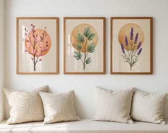 Neutral Botanical Wall Art Set of 3, Japandi Floral Prints, Cherry Blossom Lavender Poster, Minimalist Beige Wall Decor, Boho Nature Artwork