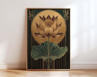 Luxury Lotus Art Deco Gold Wall Art Print –  Japanese Botanical Poster,  Zen Lotus Flower Art, Elegant Vintage Home Decor