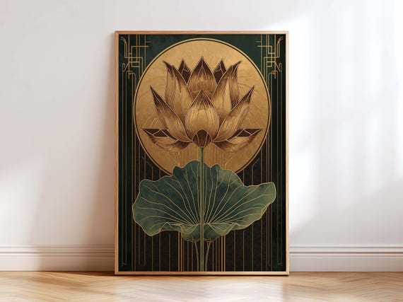 Luxury Lotus Art Deco Gold Wall Art Print –  Japanese Botanical Poster,  Zen Lotus Flower Art, Elegant Vintage Home Decor