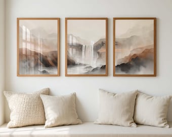 Japandi Neutral Landscape Wall Art Set of 3, Minimalist Waterfall Triptych Poster, Beige Brown Mountain Print, Wabi Sabi Modern Decor