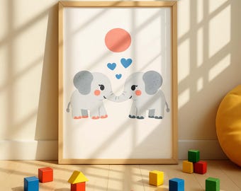 Elephant Nursery Wall Art Printable, Baby Animal Print, Neutral Nursery Decor, Kids Room Decor, Baby Gift, Digital Download