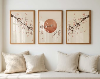 Japandi Sakura Triptych Wall Art, Set of 3 Cherry Blossom Prints, Japanese Sun Canvas, Minimalist Zen Neutral Living Room Decor
