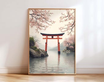 Japanese Torii Gate Wall Art Print, Sakura Lake Landscape, Japandi Zen Home Decor, Minimalist Japanese Art, Asian Wall Art Poster