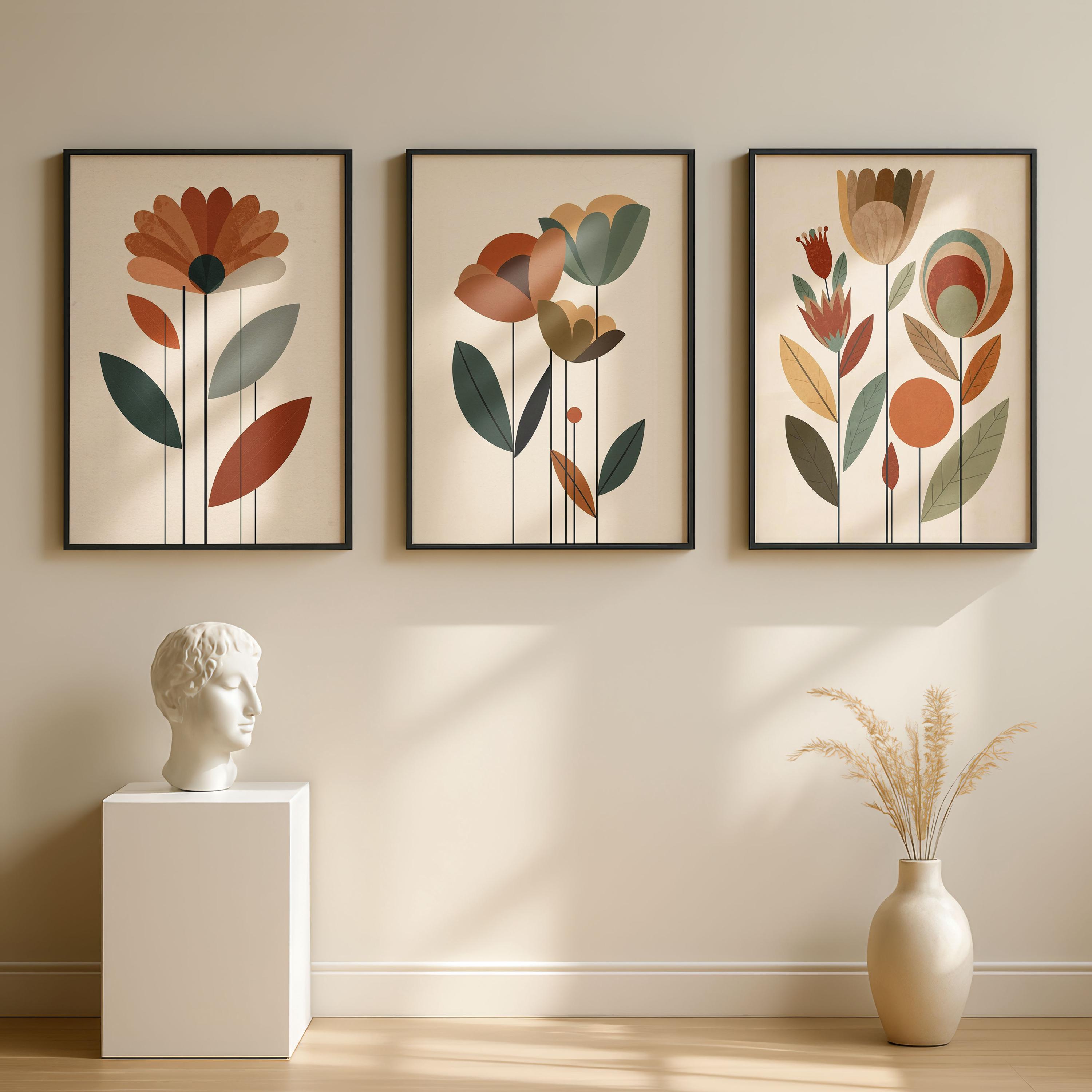 Mid Century Modern Botanical Wall Art Set of 3 Neutral Floral Prints ...