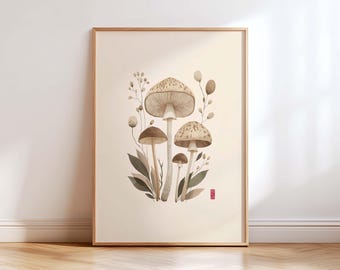 Impresión minimalista de arte mural de hongos, ilustración botánica japonesa, póster de naturaleza neutra para decoración moderna y bohemia.