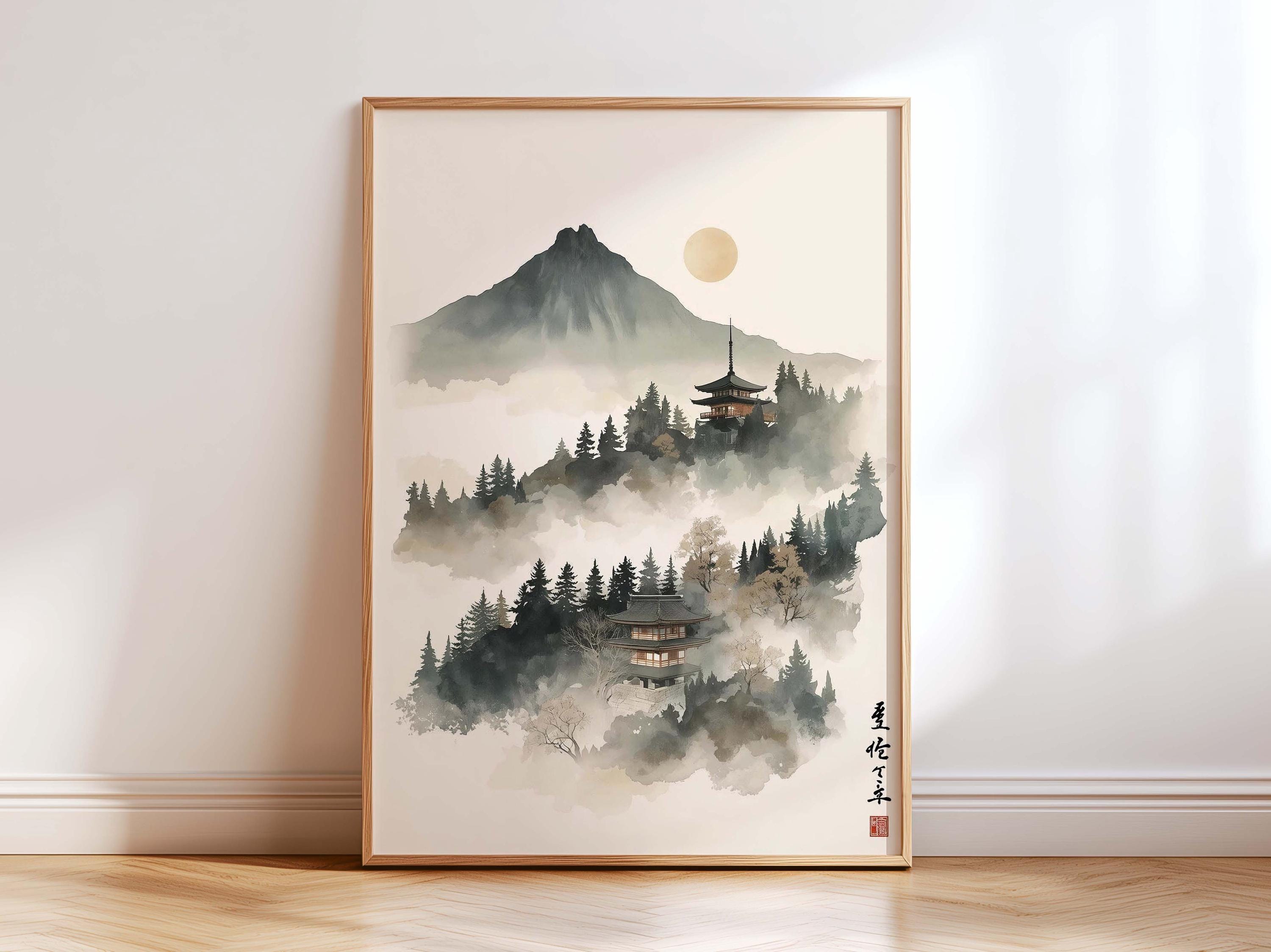 Japandi Mountain Temple Wall Art Print, Asian Landscape Zen Artwork ...