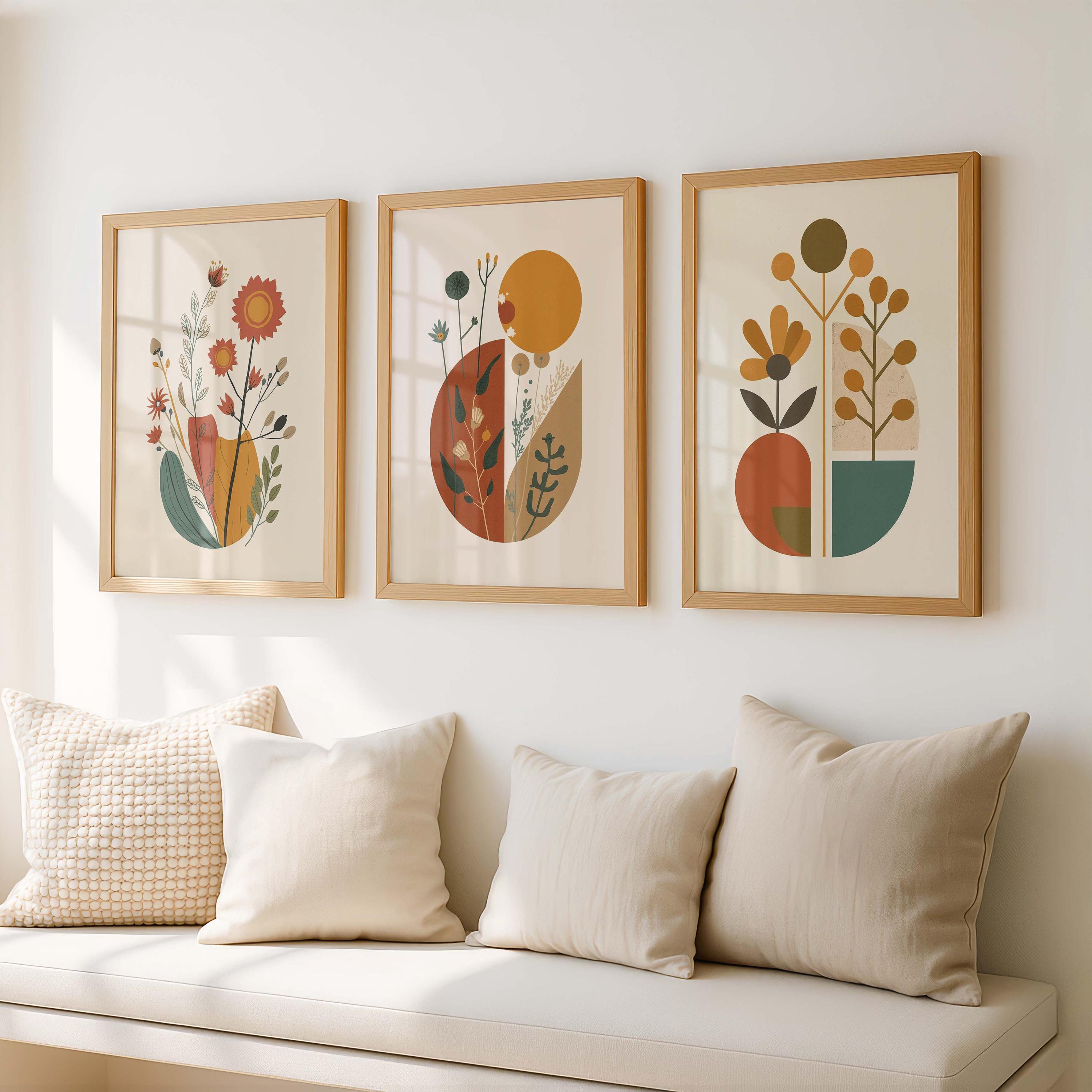 Mid Century Modern Botanical Print Set of 3, Abstract Floral Wall Art ...
