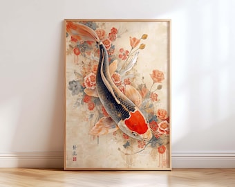 Japanese Koi Fish Wall Art Print, Zen Floral Wall Decor, Red Black Koi Painting, Asian Botanical Japandi Minimalist Home Decor