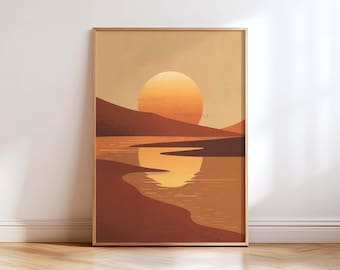 Desert Sunset Wall Art Print, Minimalist Landscape Poster, Terracotta Sun Art, Boho Japandi Decor, Mid Century Modern Poster, Printable Art