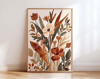 Boho Floral Wall Art Print, Neutral Botanical Poster, Terracotta Flower Canvas, Mid Century Modern Beige Abstract Art Decor