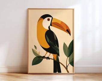 Toucan Wall Art Print, Mid Century Modern Bird Art, Tropical Jungle Decor, Colorful Bird Poster, Boho Eclectic Home Decor