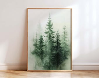 Misty Pine Forest Wall Art, Evergreen Tree Print, Foggy Woodland Landscape, Minimalist Nature Poster, Scandinavian Forest Decor