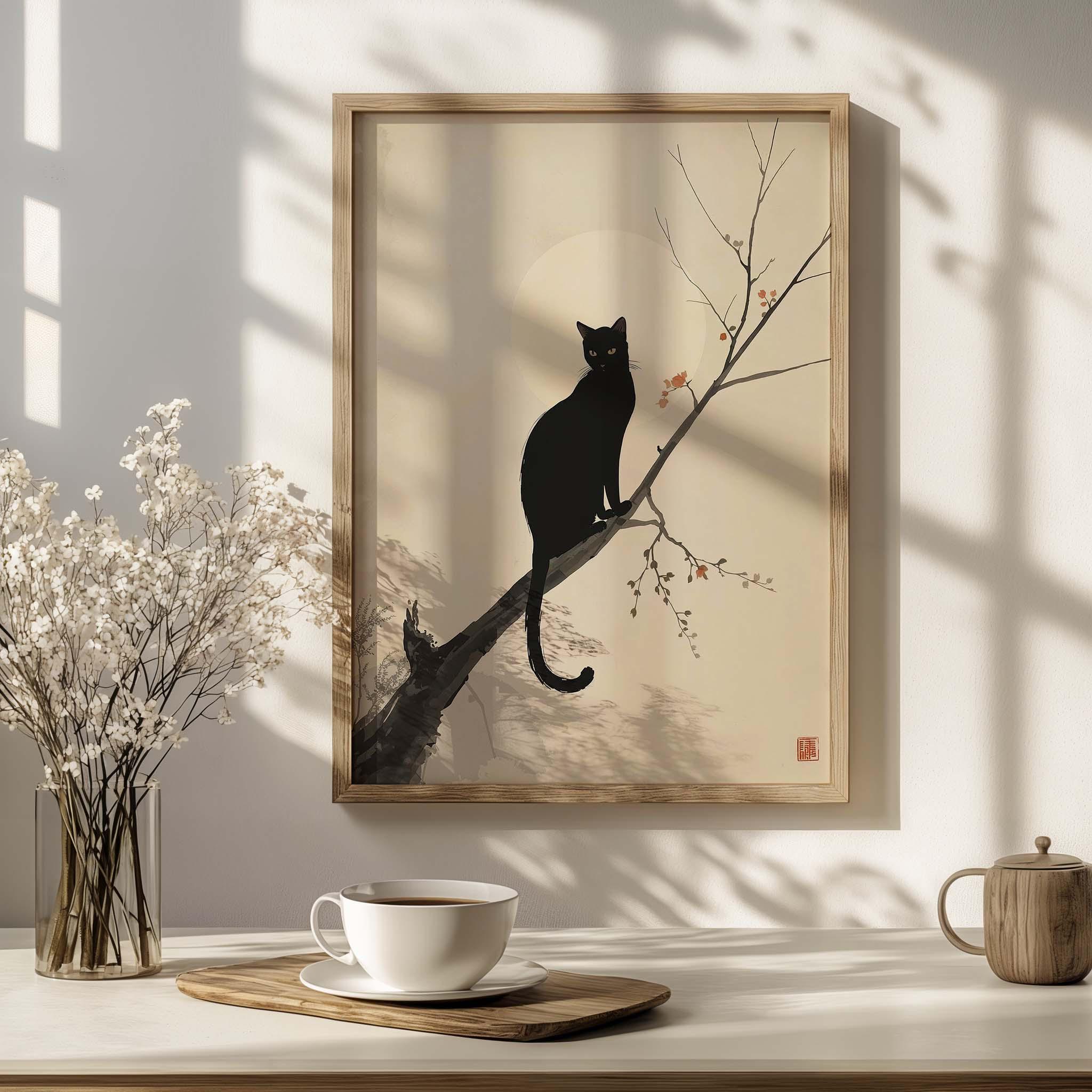 Minimalist Black Cat Wall Art Print, Japanese Ink Art, Zen Home Decor ...