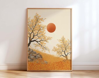 Japanese Autumn Wall Art Print, Ginkgo Tree Landscape, Japandi Wabi Sabi Decor, Minimalist Sun Poster, Zen Nature Wall Art