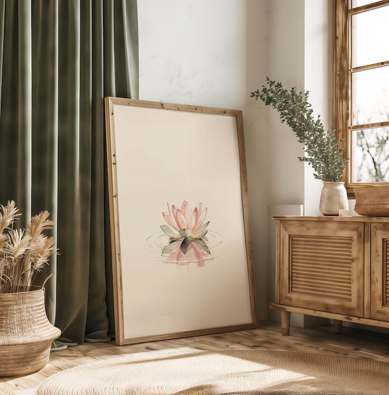 Lotus flower zen art print with water reflection minimalist