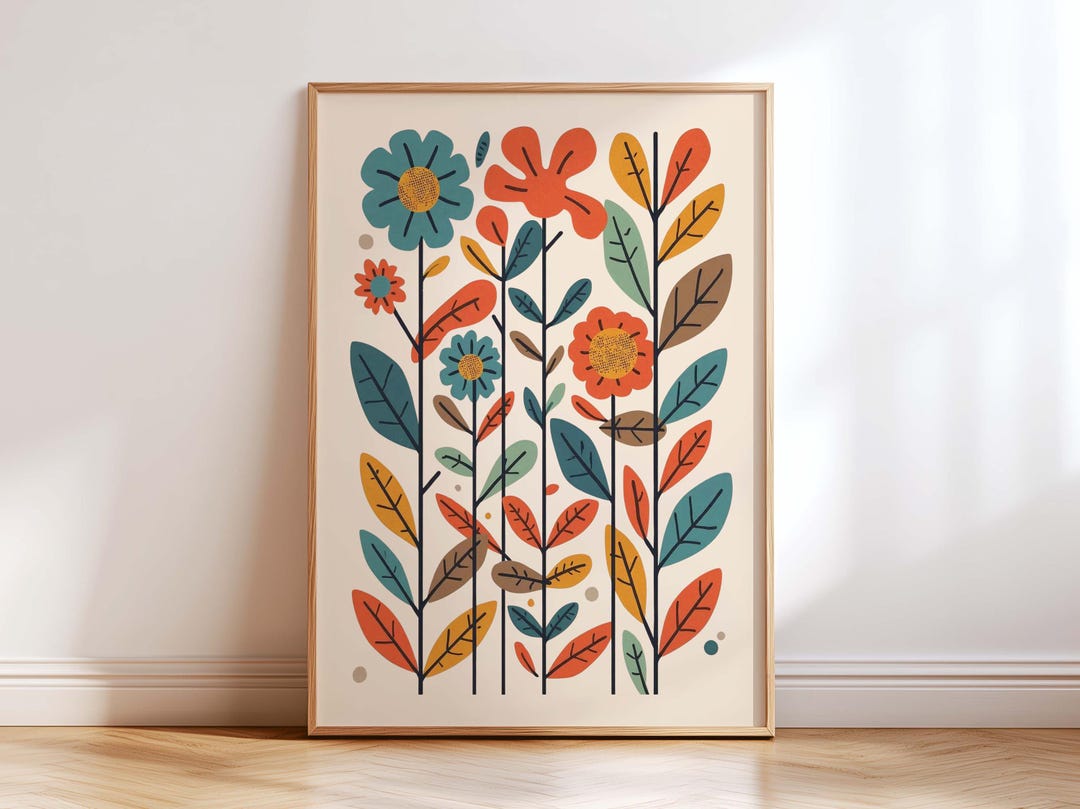 Scandinavian Folk Floral Wall Art Print, Mid Century Modern Botanical ...