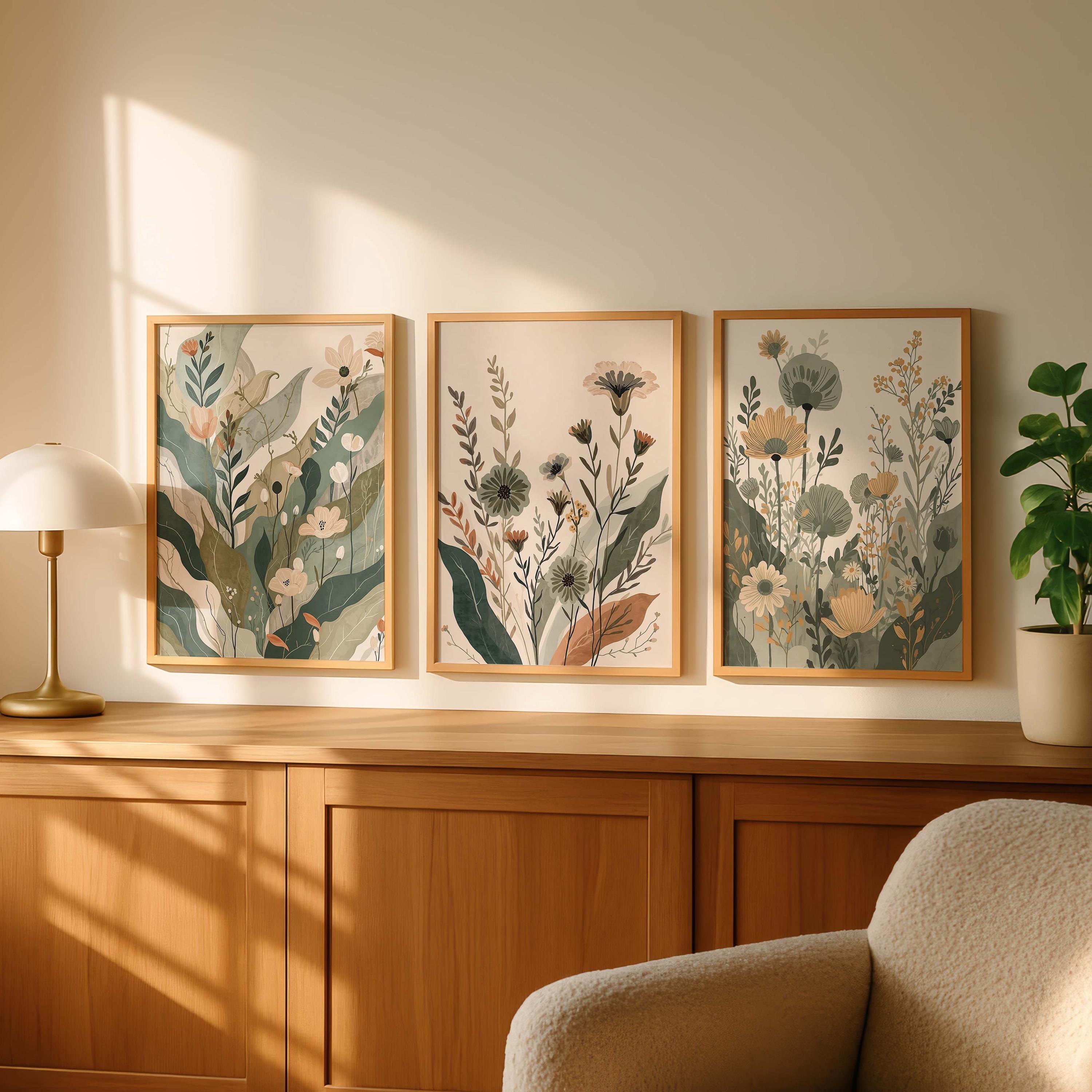 Botanical Japandi Wall Art Set of 3, Neutral Floral Print, Scandinavian ...