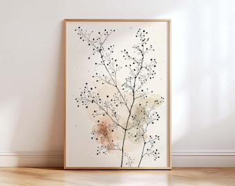 Neutral Botanical Wall Art Print, Minimalist Branches Poster, Beige Black Nature Artwork, Scandinavian Boho Living Room Decor