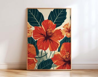 Mid Century Modern Floral Wall Art Print, Retro Hibiscus Flower Poster, Orange Red Botanical Artwork, Vintage Tropical Home Decor