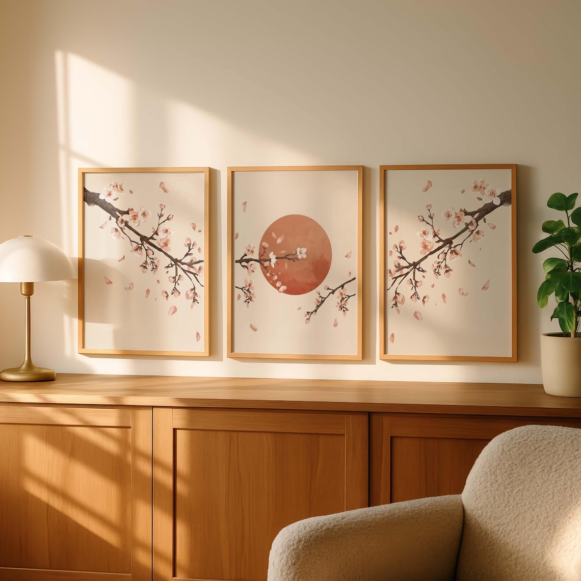 Japandi Sakura Triptych Wall Art, Set of 3 Cherry Blossom Prints ...