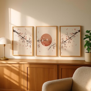 Japandi Sakura Triptych Wall Art, Set of 3 Cherry Blossom Prints ...