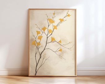 Ginkgo Leaf Japandi Wall Art, Minimal Japanese Botanical Print, Scandinavian Zen Home Decor, Neutral Wall Decor for Living Room