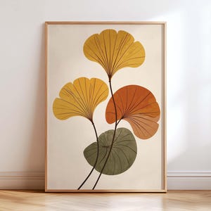 Mid Century Modern Ginkgo Leaf Wall Art, Minimalist Botanical Print, Neutral Nature Poster, Japanese Inspired Living Room Decor