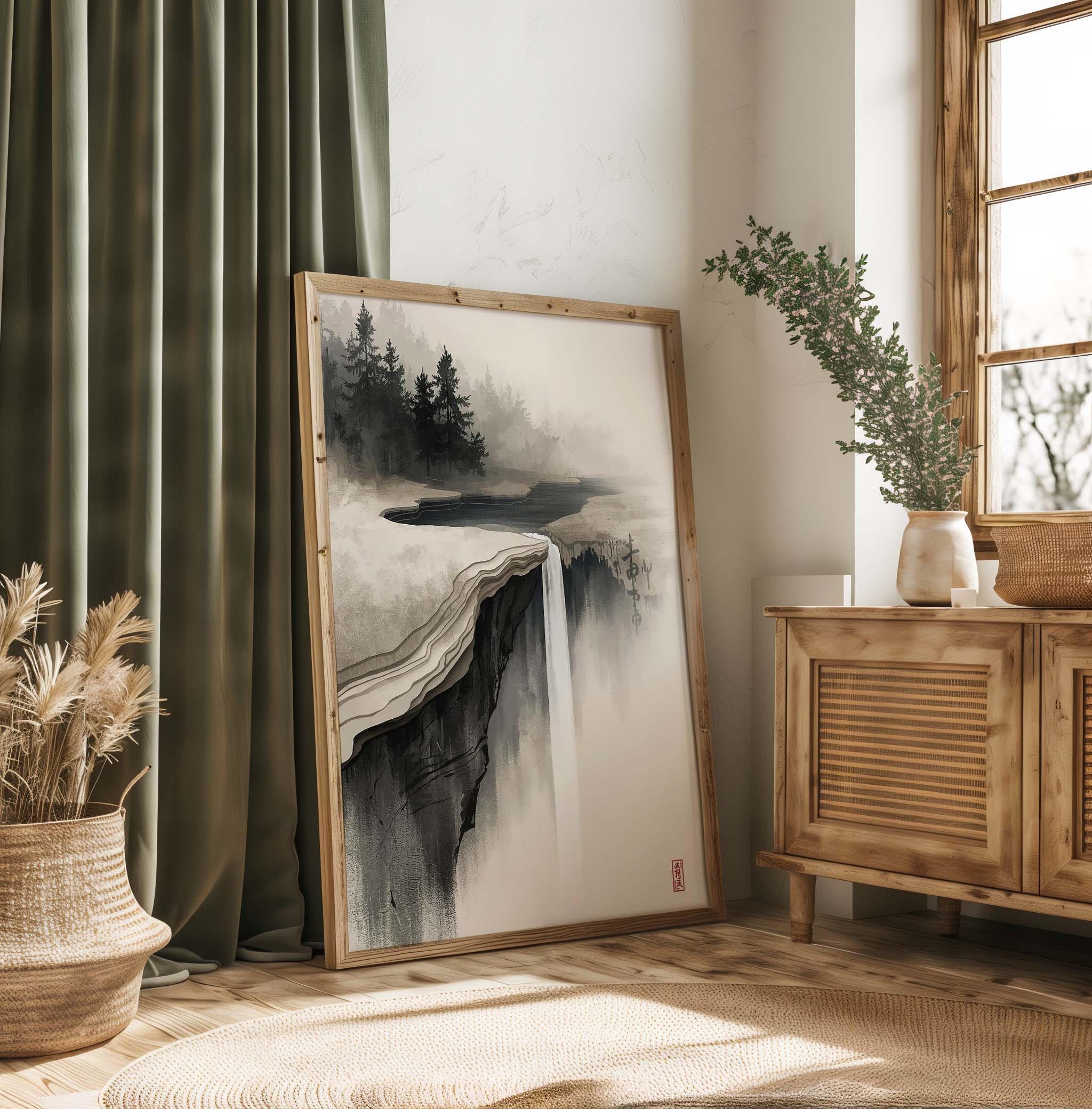 Japanese Waterfall Wall Art Print, Zen Ink Landscape, Minimalist Wall ...
